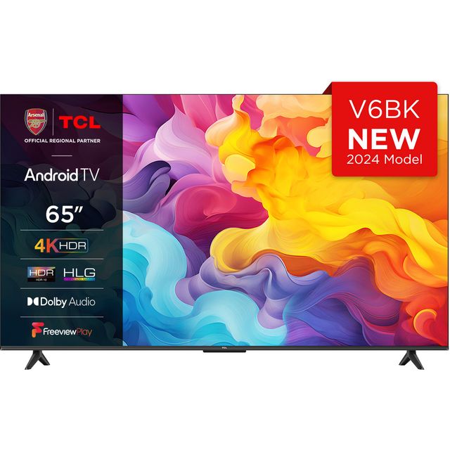 TCL 65V6BK 65-inch 4K Ultra HD, HDR TV, Smart TV Powered by Android TV (Dolby Audio, Voice Control, Compatible with Google Assistant, 2024 New Model)