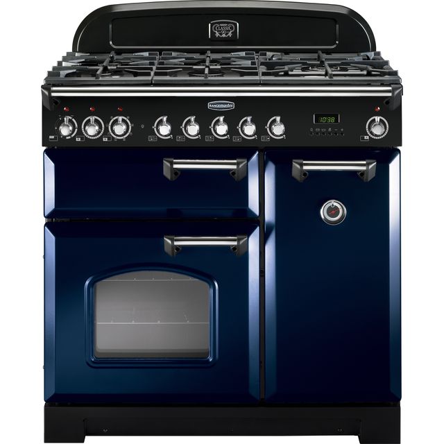 Rangemaster Classic Deluxe CDL90DFFRB/C 90cm Dual Fuel Range Cooker - Regal Blue / Chrome - A/A Rated