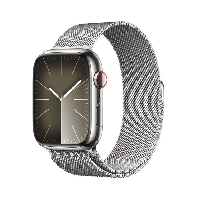 Apple Watch Series 9 [GPS + Cellular 45mm] Unisex Smartwatch with Silver Stainless steel Case with Silver Milanese Loop One Size. Fitness Tracker, Blood Oxygen & ECG Apps, Water Resistant