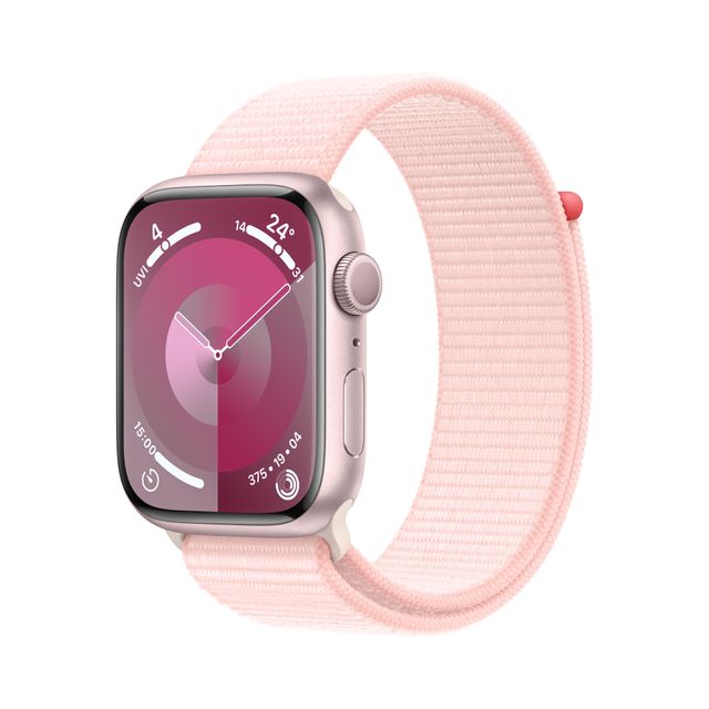 Apple Watch Series 9 [GPS 45mm] Smartwatch with Pink Aluminum Case with Light Pink Sport Loop One Size. Fitness Tracker, Blood Oxygen & ECG Apps, Always-On Retina Display, Water Resistant