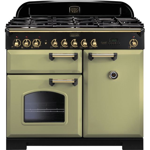 Rangemaster Classic Deluxe CDL100DFFOG/B 100cm Dual Fuel Range Cooker - Olive Green / Brass - A/A Rated