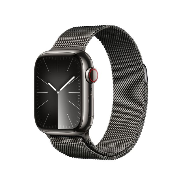 Apple Watch Series 9 [GPS + Cellular 41mm] Smartwatch with Graphite Stainless steel Case with Graphite Milanese Loop One Size. Fitness Tracker, Blood Oxygen & ECG Apps, Water Resistant