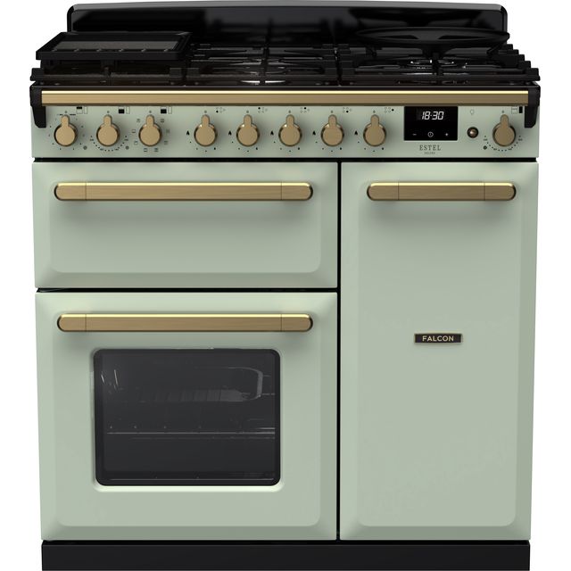 Rangemaster Estel Deluxe ESDL90DFPMNT/AB1 90cm Dual Fuel Range Cooker – Mint / Antique Brass – A/A Rated