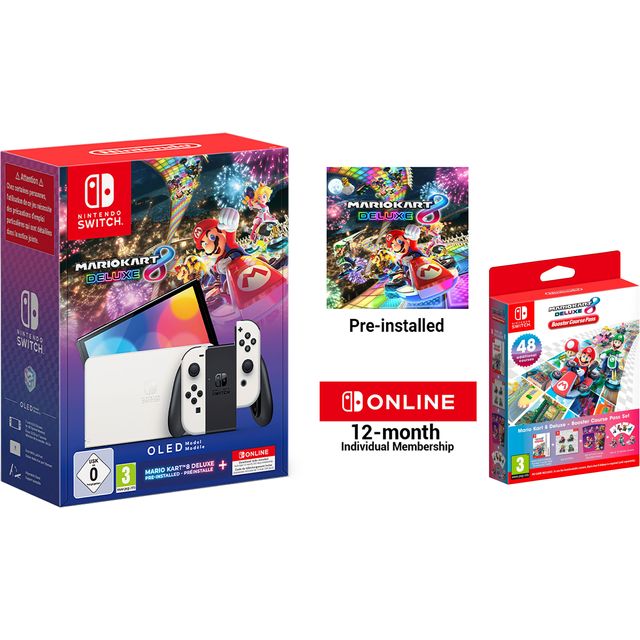 Nintendo Switch OLED 64GB with Mario Kart 8 Deluxe + Mario Kart 8 Deluxe Booster Course Pass - White