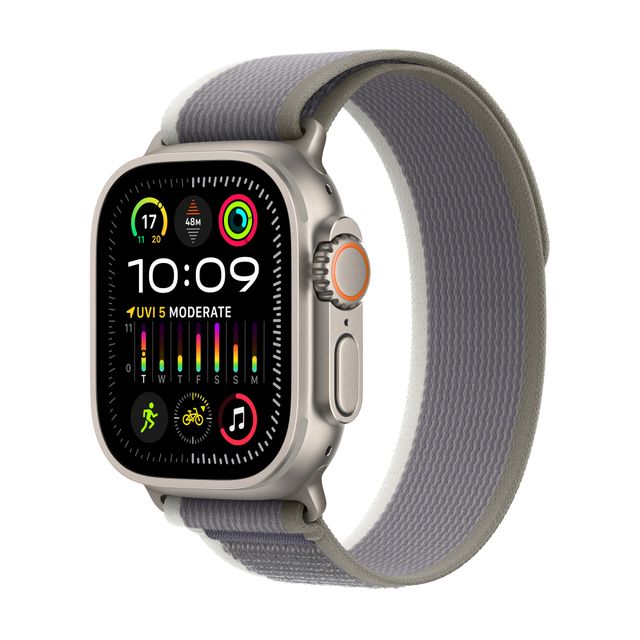 Apple Watch Ultra 2 [GPS + Cellular 49mm] Smartwatch with Rugged Titanium Case & Green/Grey Trail Loop S/M. Fitness Tracker, Precision GPS, Action Button, Extra-Long Battery Life, Carbon Neutral