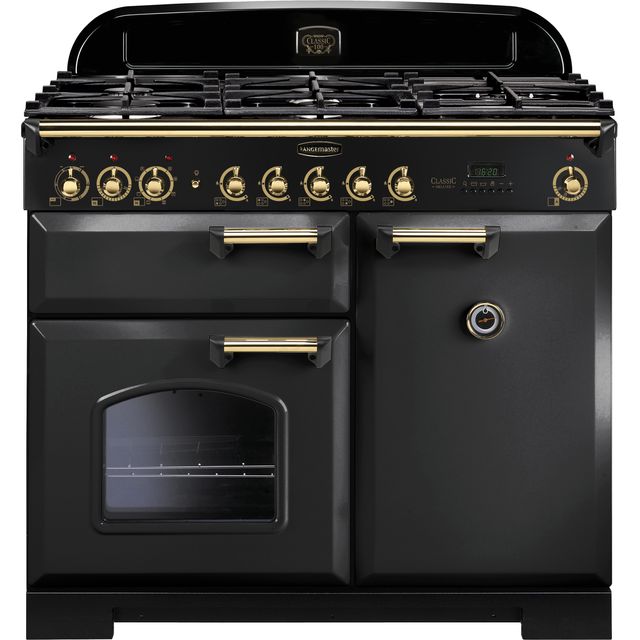 Rangemaster Classic Deluxe CDL100DFFCB/B 100cm Dual Fuel Range Cooker - Charcoal Black / Brass - A/A Rated