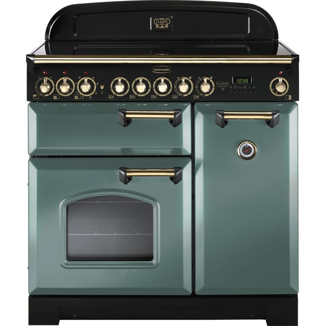 Rangemaster Classic Deluxe CDL90ECMG/B 90cm Electric Range Cooker with Ceramic Hob - Mineral Green / Brass - A/A Rated