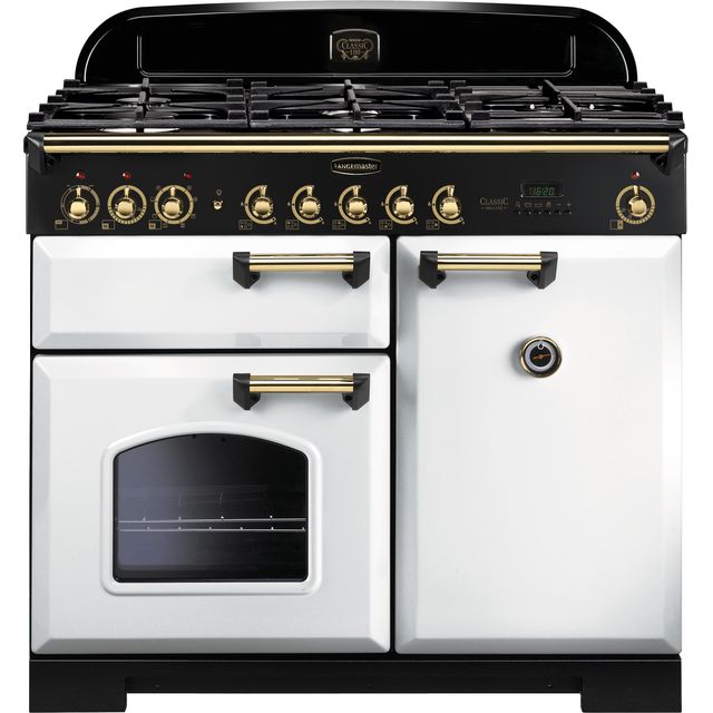 Rangemaster Classic Deluxe CDL100DFFWH/B 100cm Dual Fuel Range Cooker - White / Brass - A/A Rated
