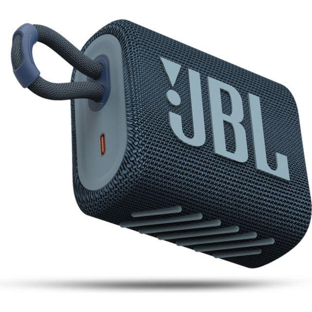 JBL GO 3 - Wireless Bluetooth portable speaker with integrated loop for travel with USB C charging cable, in blue