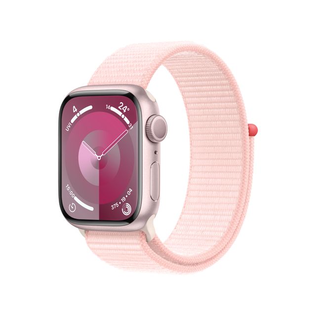 Apple Watch Series 9 [GPS 41mm] Smartwatch with Pink Aluminum Case with Light Pink Sport Loop One Size. Fitness Tracker, Blood Oxygen & ECG Apps, Always-On Retina Display, Water Resistant