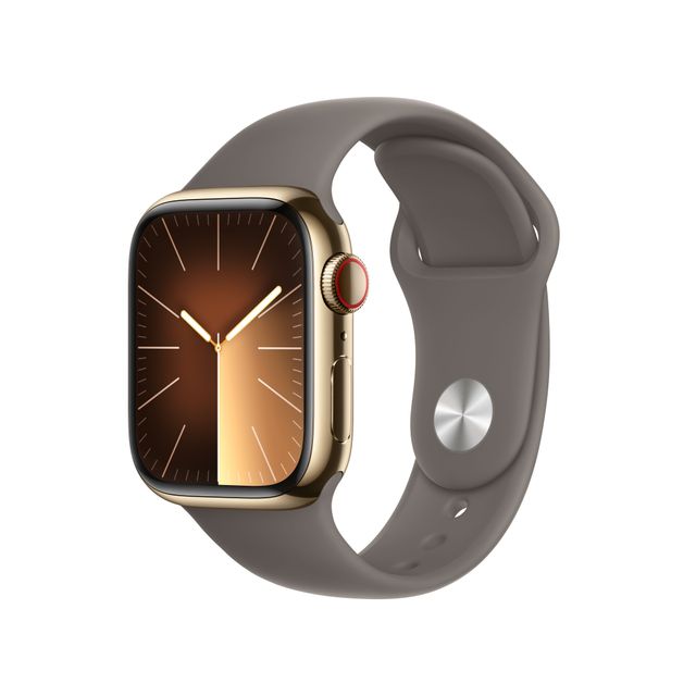 Apple Watch Series 9, 41mm, Gold Stainless Steel Case, GPS + Cellular [2023] - Clay Sport Band S/M