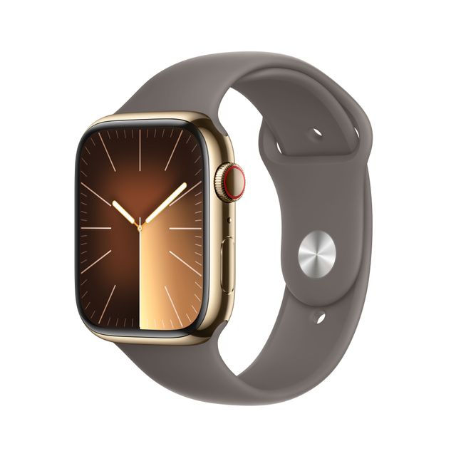 Apple Watch Series 9, 45mm, Gold Stainless Steel Case, GPS + Cellular [2023] - Clay Sport Band M/L
