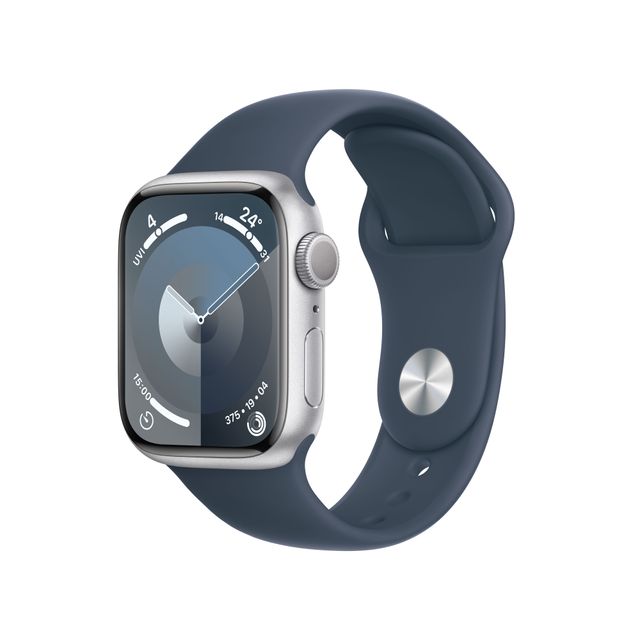 Apple Watch Series 9, 41mm, Silver Aluminium Case, GPS [2023] - Storm Blue Sport Band - M/L