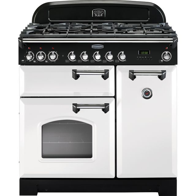 Rangemaster Classic Deluxe CDL90DFFWH/C 90cm Dual Fuel Range Cooker - White / Chrome - A/A Rated