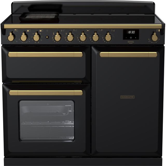 Rangemaster Estel Deluxe ESDL100EIPGBL/AB1 100cm Electric Range Cooker with Induction Hob – Black / Antique Brass – A/A Rated