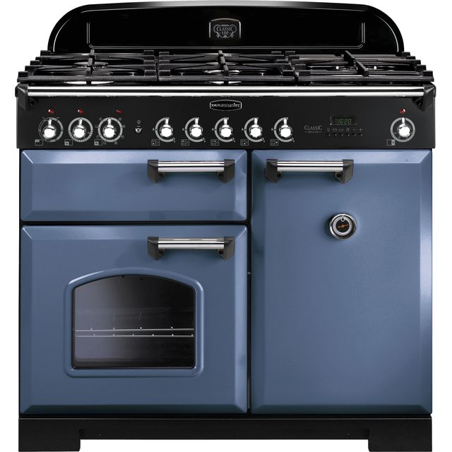 Rangemaster Classic Deluxe CDL100DFFSB/C 100cm Dual Fuel Range Cooker - Stone Blue / Chrome - A/A Rated