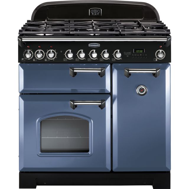 Rangemaster Classic Deluxe CDL90DFFSB/C 90cm Dual Fuel Range Cooker - Stone Blue / Chrome - A/A Rated