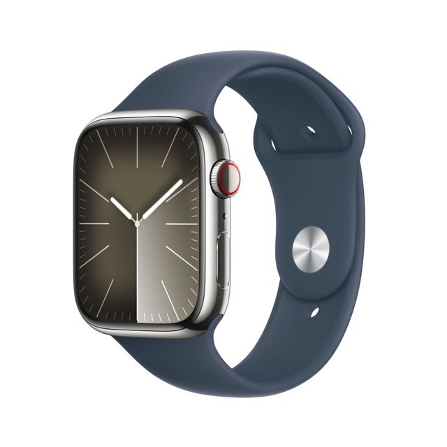 Apple Watch Series 9, 45mm, Silver Stainless Steel Case, GPS + Cellular [2023] - Storm Blue Sport Band - M/L