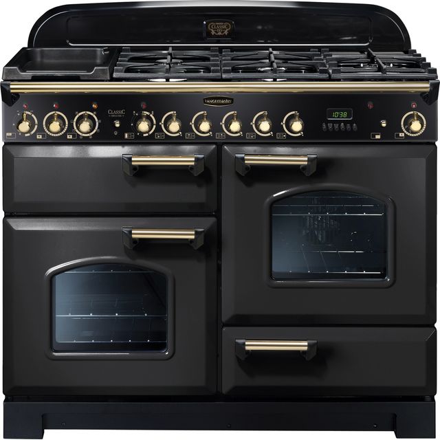 Rangemaster Classic Deluxe CDL110DFFCB/B 110cm Dual Fuel Range Cooker - Charcoal Black / Brass - A/A Rated