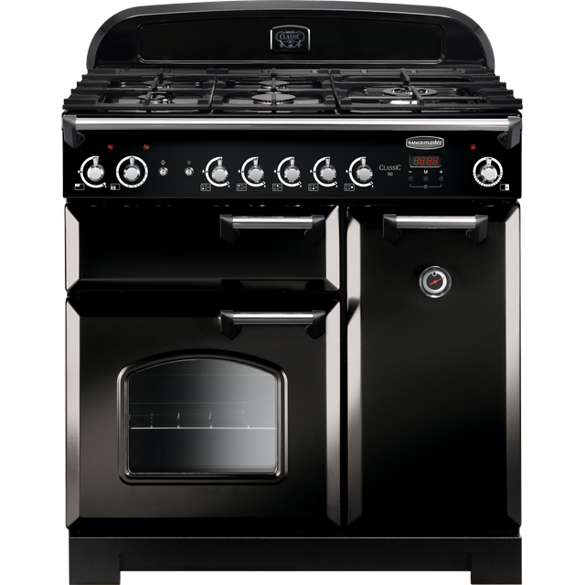 Rangemaster Classic CLA90NGFBL/C 90cm Gas Range Cooker with Electric Fan Oven – Black / Chrome – A+/A Rated