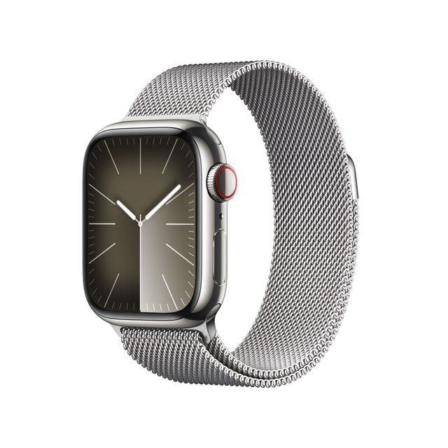 Apple Watch Series 9 [GPS + Cellular 41mm] Smartwatch with Silver Stainless steel Case with Silver Milanese Loop One Size. Fitness Tracker, Blood Oxygen & ECG Apps, Water Resistant