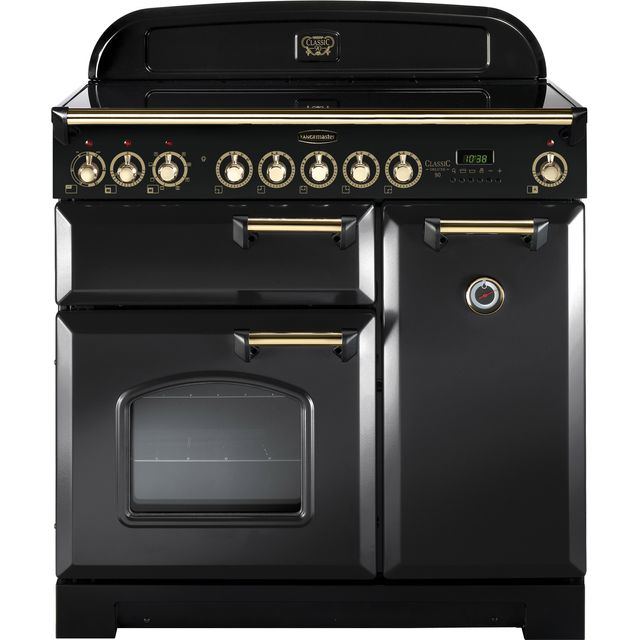 Rangemaster Classic Deluxe CDL90EICB/B 90cm Electric Range Cooker with Induction Hob – Charcoal Black / Brass – A/A Rated