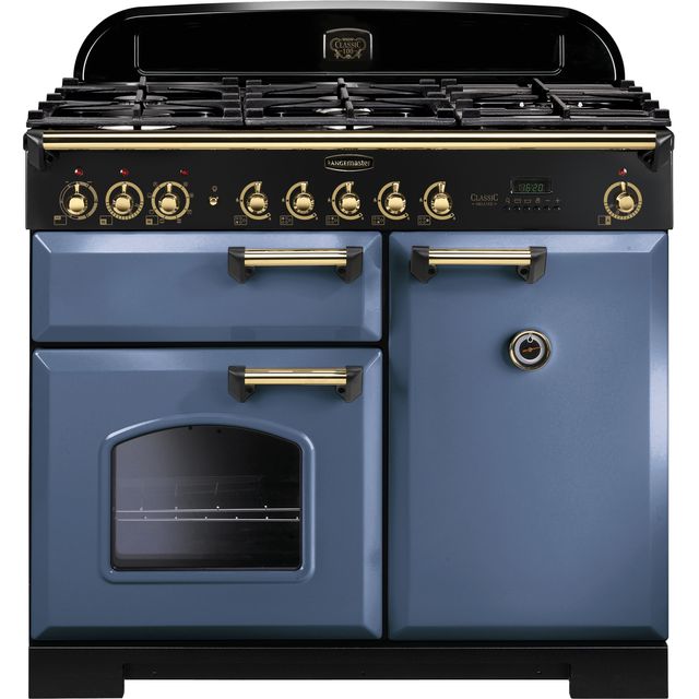 Rangemaster Classic Deluxe CDL100DFFSB/B 100cm Dual Fuel Range Cooker - Stone Blue / Brass - A/A Rated