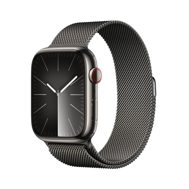 Apple Watch Series 9 [GPS + Cellular 45mm] Smartwatch with Graphite Stainless steel Case with Graphite Milanese Loop One Size. Fitness Tracker, Blood Oxygen & ECG Apps, Water Resistant
