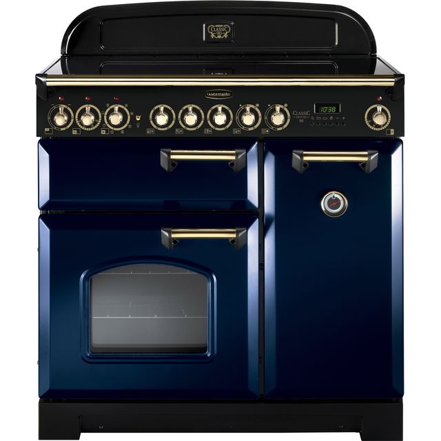 Rangemaster Classic Deluxe CDL90ECRB/B 90cm Electric Range Cooker with Ceramic Hob - Regal Blue / Brass - A/A Rated