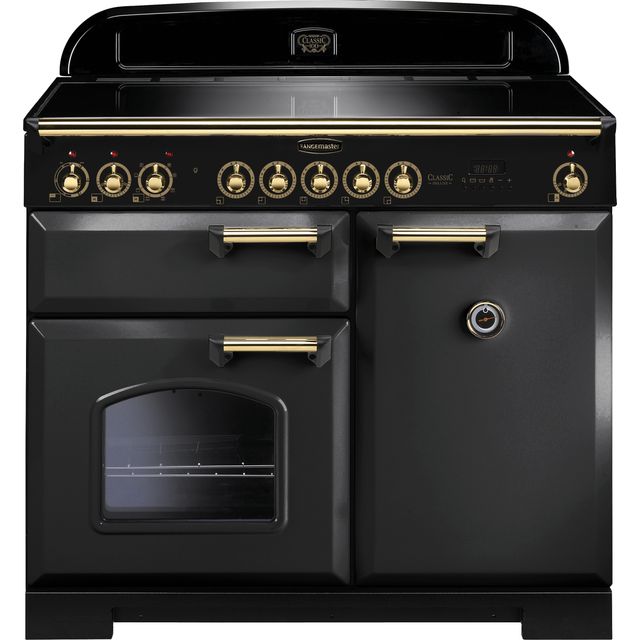 Rangemaster Classic Deluxe CDL100EICB/B 100cm Electric Range Cooker with Induction Hob - Charcoal Black / Brass - A/A Rated