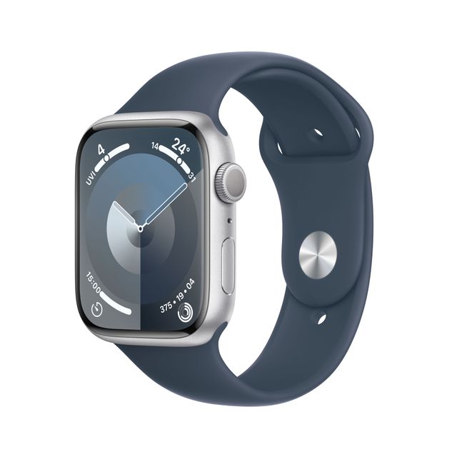 Apple Watch Series 9, 45mm, Silver Aluminium Case, GPS [2023] - Storm Blue Sport Band - S/M