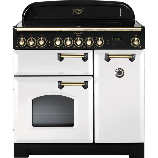 Rangemaster Classic Deluxe CDL90ECWH/B 90cm Electric Range Cooker with Ceramic Hob - White / Brass - A/A Rated