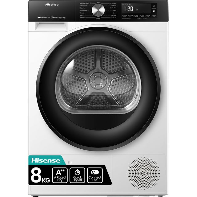 Hisense 3S Series DH3S802BW3 Wifi Connected 8Kg Heat Pump Tumble Dryer – White – A+++ Rated