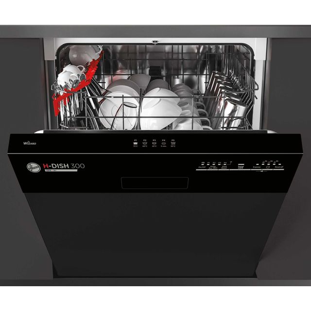 Hoover H-DISH 300 HDSN1L380PB Wifi Connected Semi Integrated Standard Dishwasher - Black Control Panel with Fixed Door Fixing Kit - F Rated