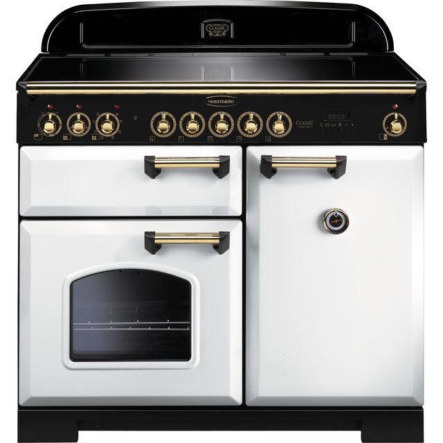 Rangemaster Classic Deluxe CDL100EIWH/B 100cm Electric Range Cooker with Induction Hob - White / Brass - A/A Rated