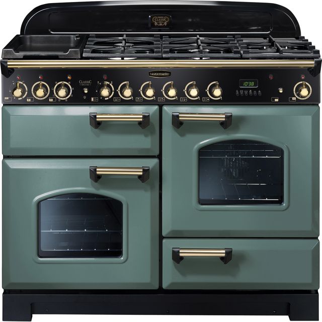 Rangemaster Classic Deluxe CDL110DFFMG/B 110cm Dual Fuel Range Cooker - Mineral Green / Brass - A/A Rated