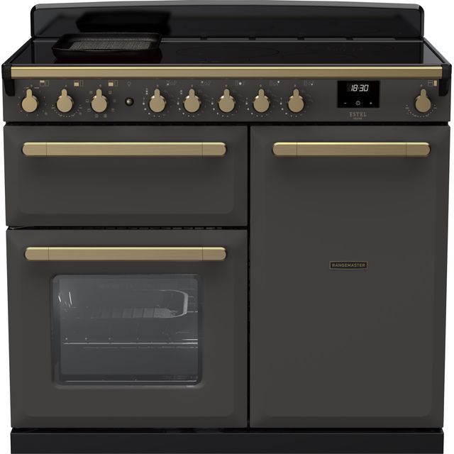 Rangemaster Estel Deluxe ESDL100EIPSLT/AB1 100cm Electric Range Cooker with Induction Hob – Slate / Antique Brass – A/A Rated