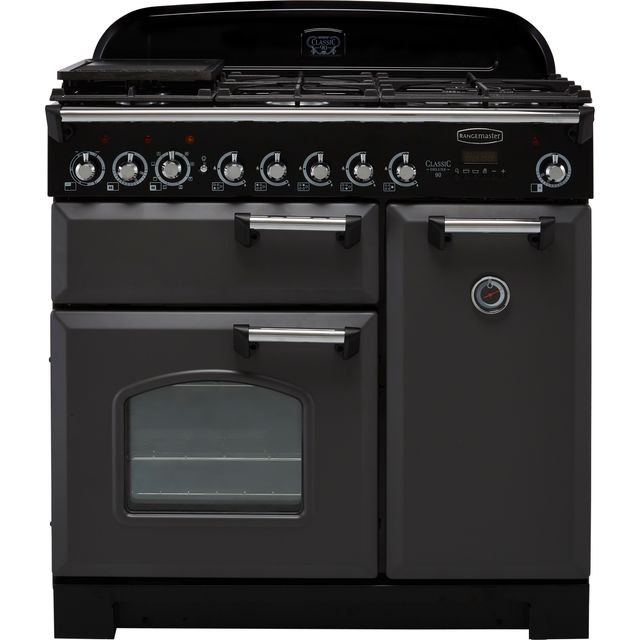 Rangemaster Classic Deluxe CDL90DFFSL/C 90cm Dual Fuel Range Cooker - Slate Grey / Chrome - A/A Rated