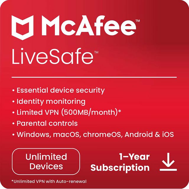 McAfee LiveSafe Digital Download for Unlimited Devices - Annual Renewable Subscription, 1 Year Included