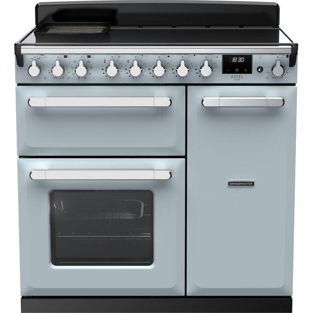 Rangemaster Estel Deluxe ESDL90EIPMSB/CM1 90cm Electric Range Cooker with Induction Hob – Misty Blue / Chrome – A/A Rated