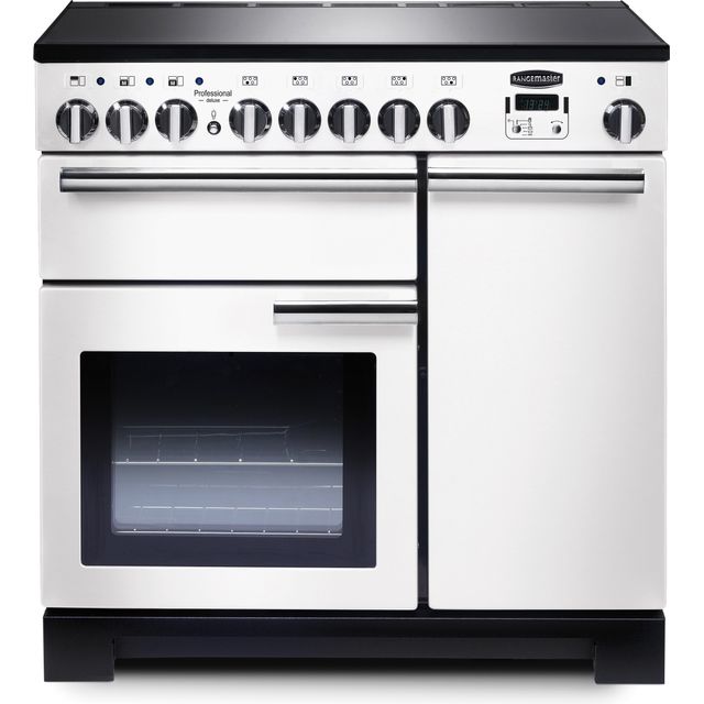 Rangemaster Professional Deluxe PDL90EIWH/C 90cm Electric Range Cooker with Induction Hob - White / Chrome - A/A Rated