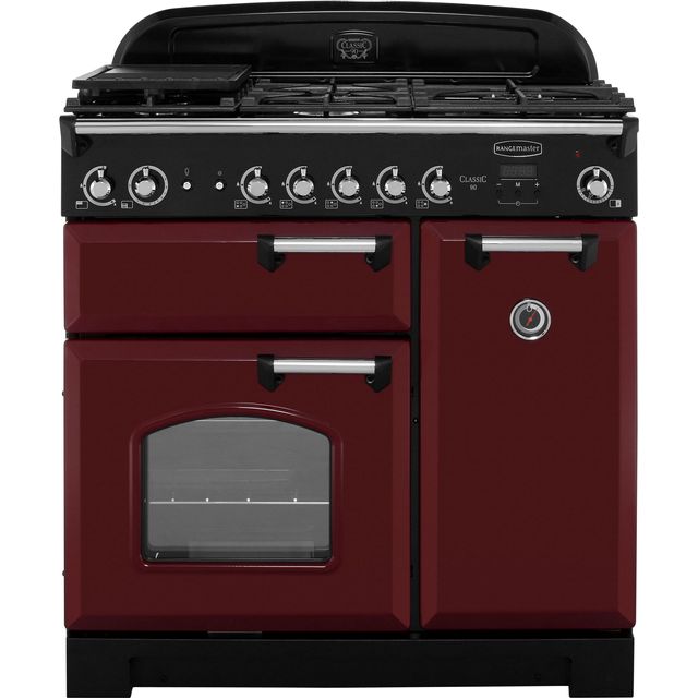Rangemaster Classic CLA90NGFCY/C 90cm Gas Range Cooker with Electric Fan Oven - Cranberry / Chrome - A+/A Rated