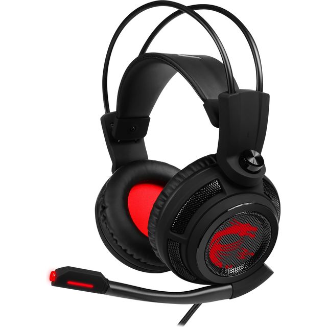 MSI DS502 7.1 Surround Sound Gaming Headset with MSI HS01 Gaming Headset Stand 'Black with Red, Solid Metal Design, Non Slip Base, Cable Organiser, Supports most headsets, Mobile holder'