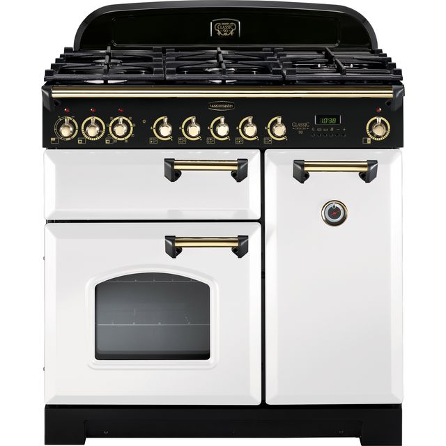 Rangemaster Classic Deluxe CDL90DFFWH/B 90cm Dual Fuel Range Cooker - White / Brass - A/A Rated