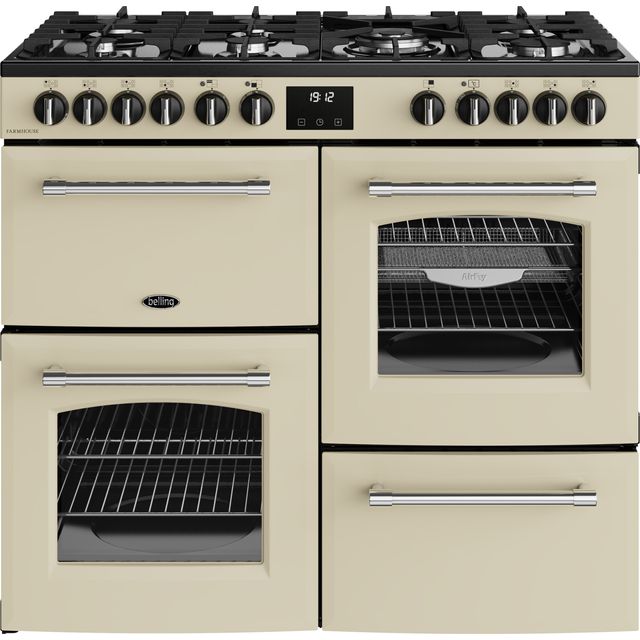 Belling Farmhouse 100DF 100cm Dual Fuel Range Cooker - Cream / Antique Brass - A Rated