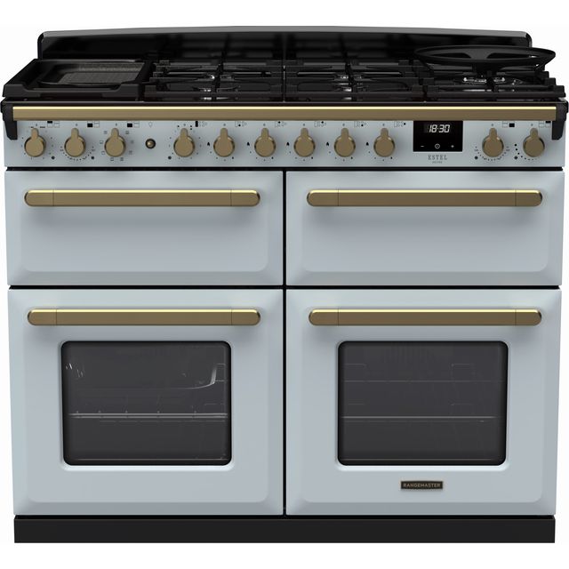 Rangemaster Estel Deluxe BC ESDLB110DFPMSB/AB1 110cm Dual Fuel Range Cooker – Misty Blue / Antique Brass – A/A Rated