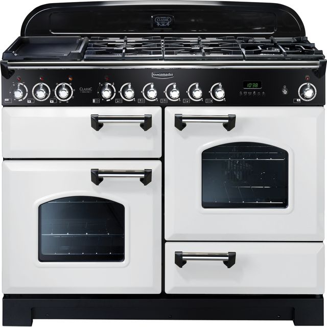 Rangemaster Classic Deluxe CDL110DFFWH/C 110cm Dual Fuel Range Cooker - White / Chrome - A/A Rated