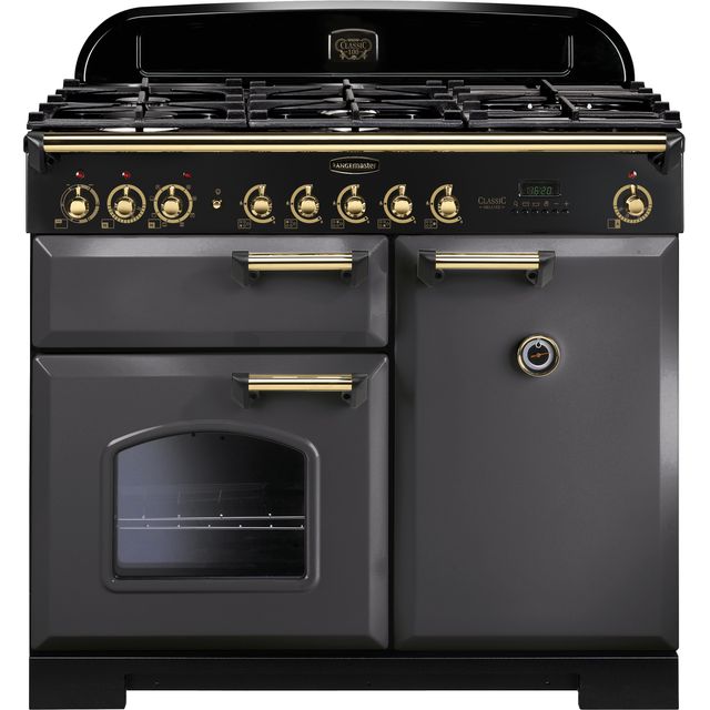 Rangemaster Classic Deluxe CDL100DFFSL/B 100cm Dual Fuel Range Cooker - Slate / Brass - A/A Rated