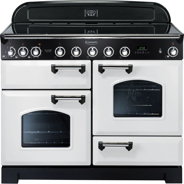 Rangemaster Classic Deluxe CDL110EIWH/C 110cm Electric Range Cooker with Induction Hob – White / Chrome – A/A Rated
