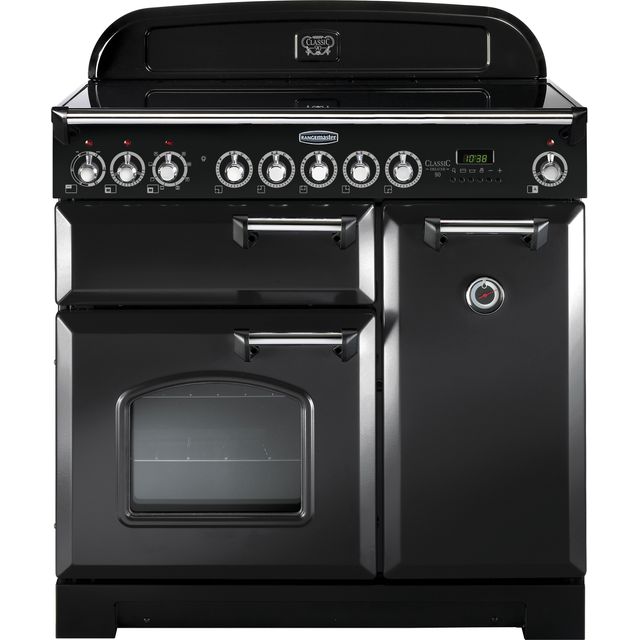 Rangemaster Classic Deluxe CDL90EICB/C 90cm Electric Range Cooker with Induction Hob - Charcoal Black / Chrome - A/A Rated